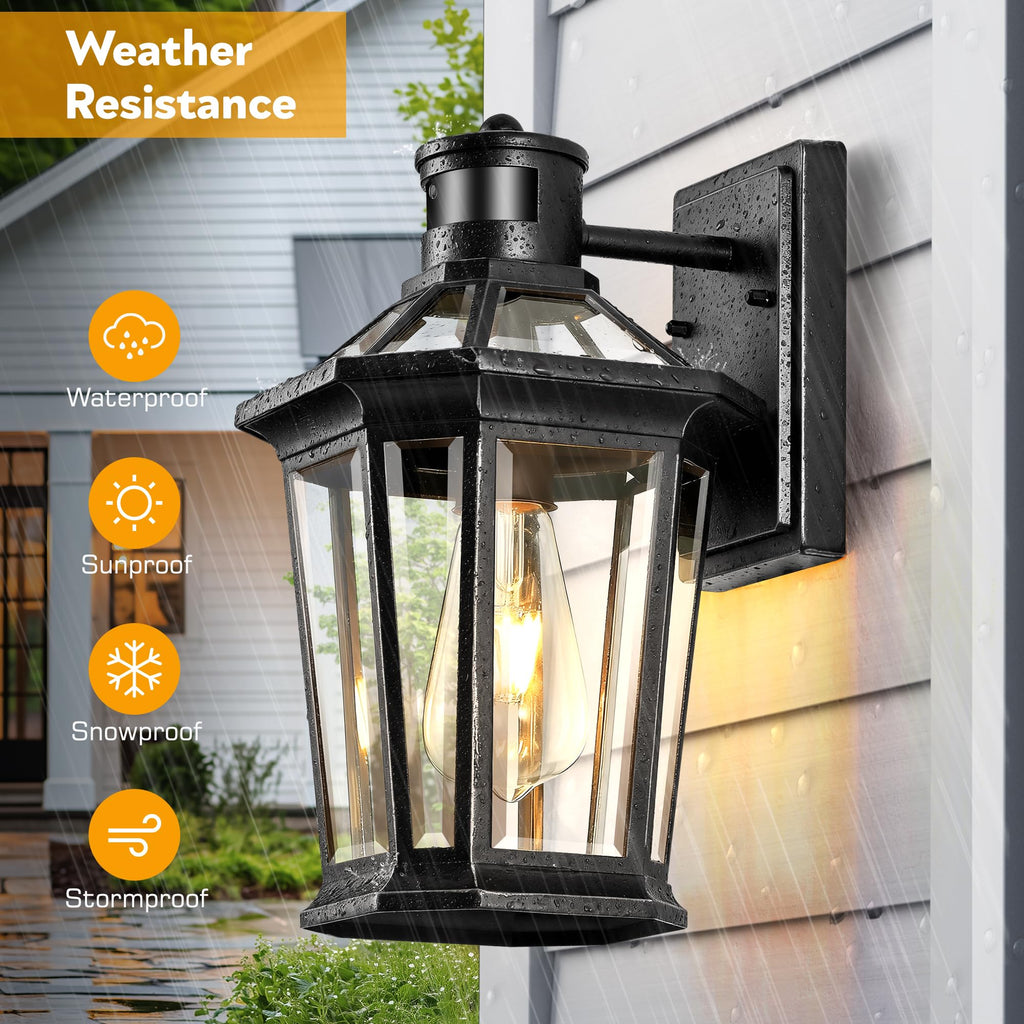 Motion Sensor Outdoor Lighting, Outdoor Wall Lights Wall Mount with Clear Glass, Black Dusk to Dawn Garage Light
