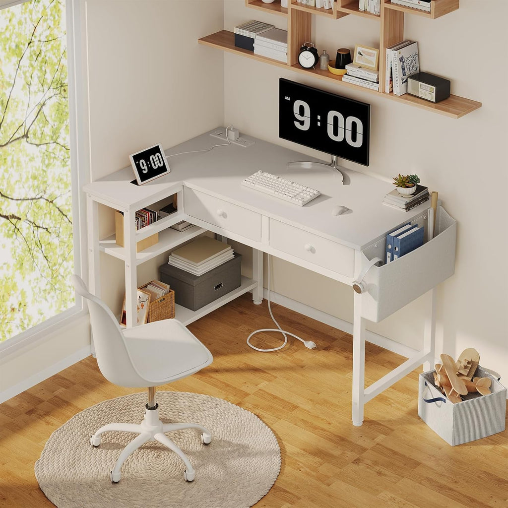 Small White L Shaped Desk with Drawers & Storage Shelves
