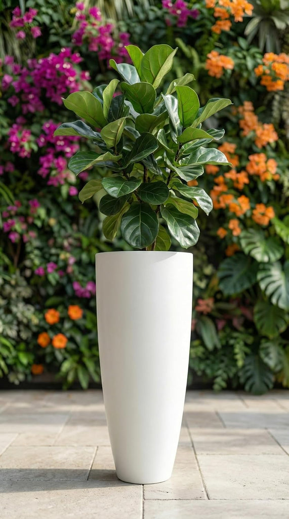 Tall 36" White Fiberglass Planter - Large Modern Lightweight Tapered Round Indoor/Outdoor Elegant Decorative Pot for
