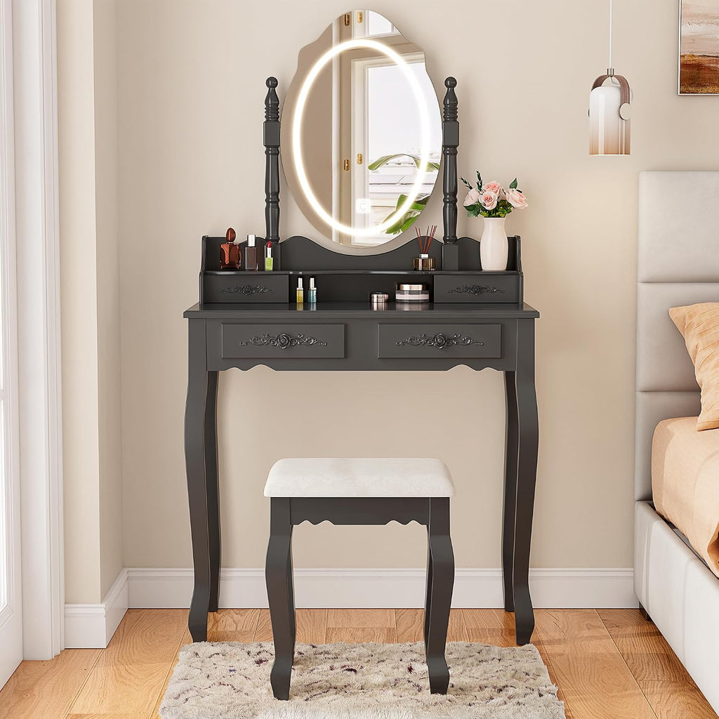 Vanity Desk with Mirror and Lights, Makeup Table with Cushioned Stool Set | Modern Vanity with 4 Drawers, 3 Color