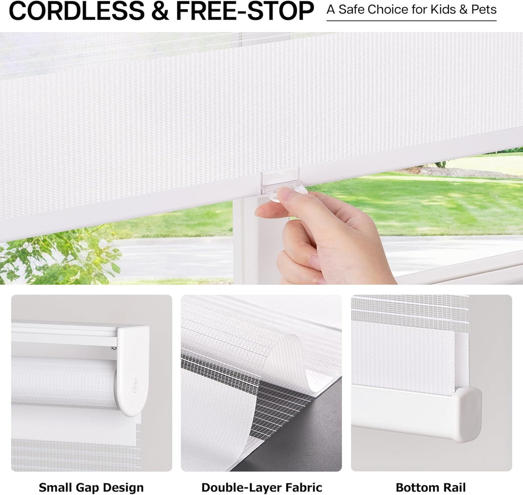 No Drill Zebra Blinds for French Door, White| Cordless Blinds for Door with Covering Width