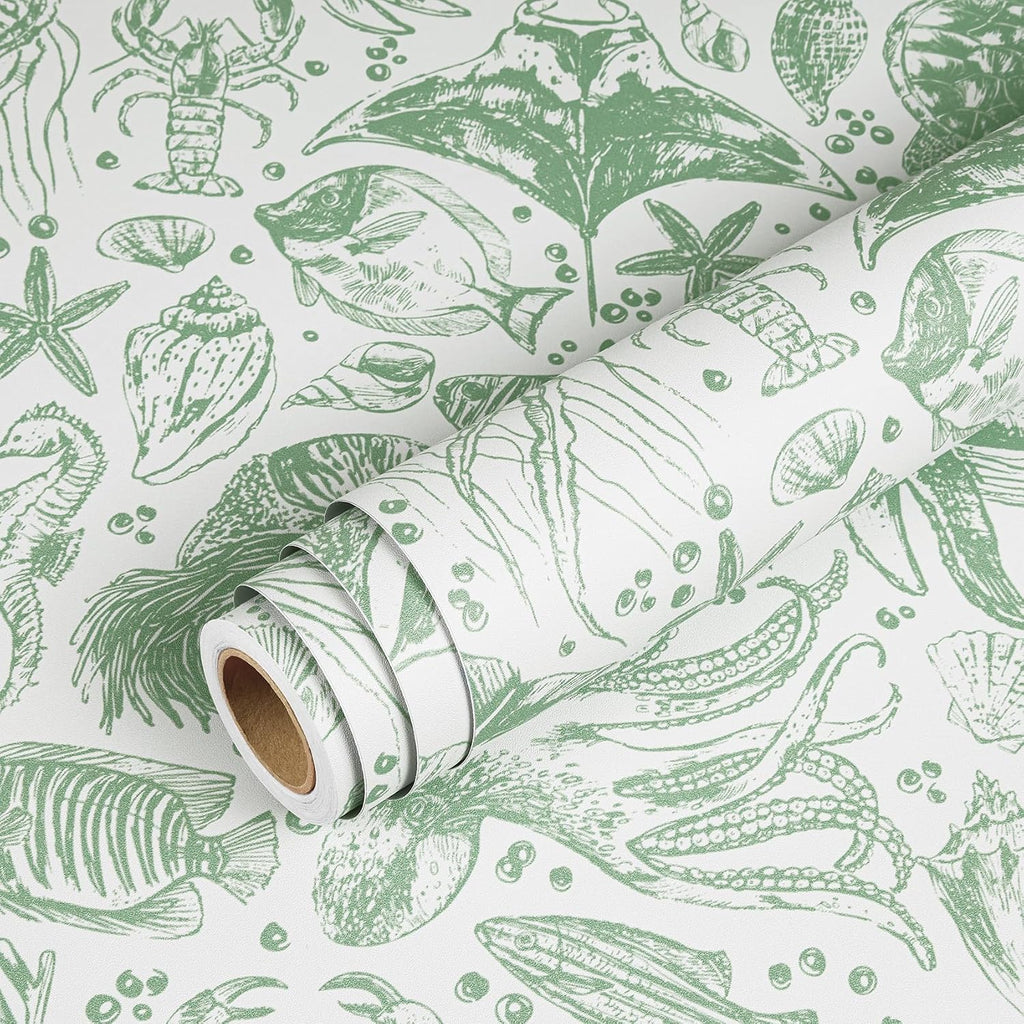 17.5x276 Coastal Peel and Stick Wallpaper Green Contact Paper Beach Nautical Ocean Renter Friendly Whale Shark Sage