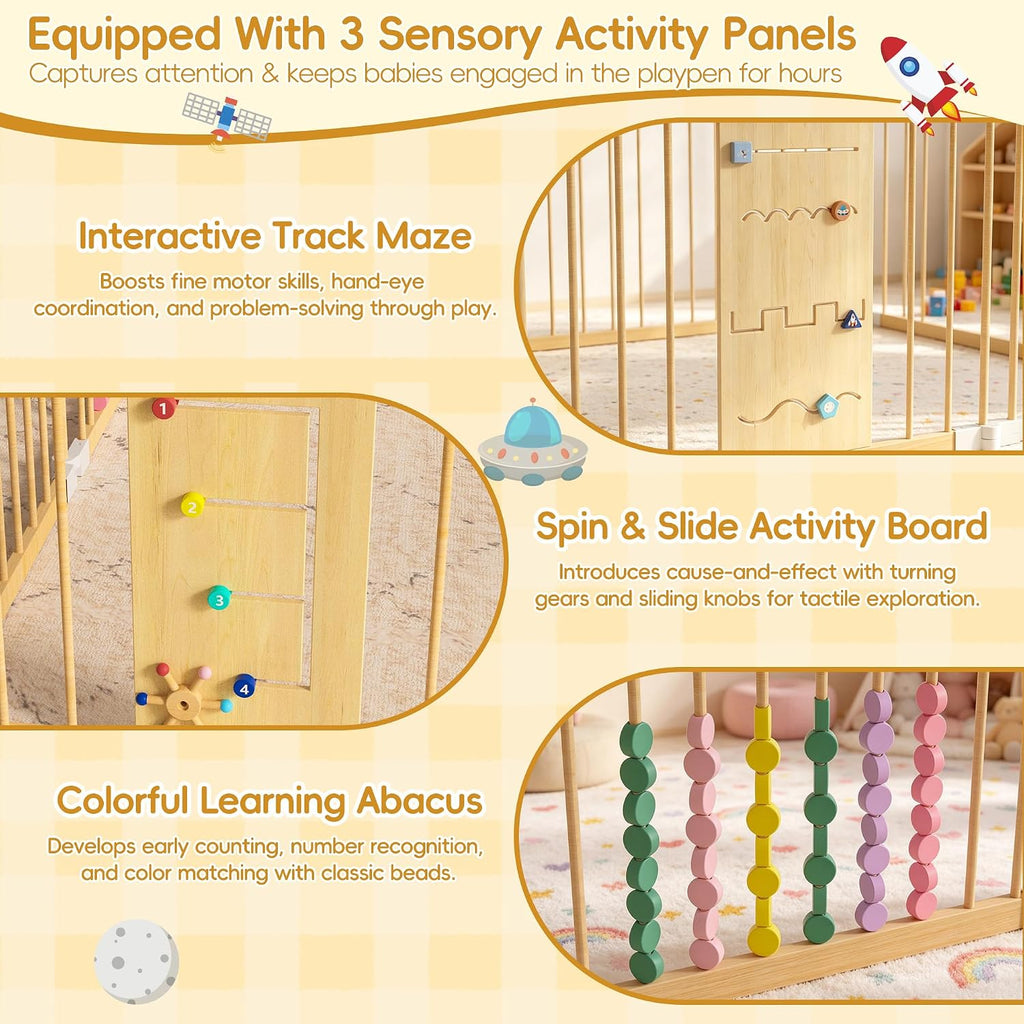 Foldable Wooden Baby Playpen, 58"x58"x24" Adjustable Shape & Size Playpen for Babies and Toddlers, Natural Pine Wood