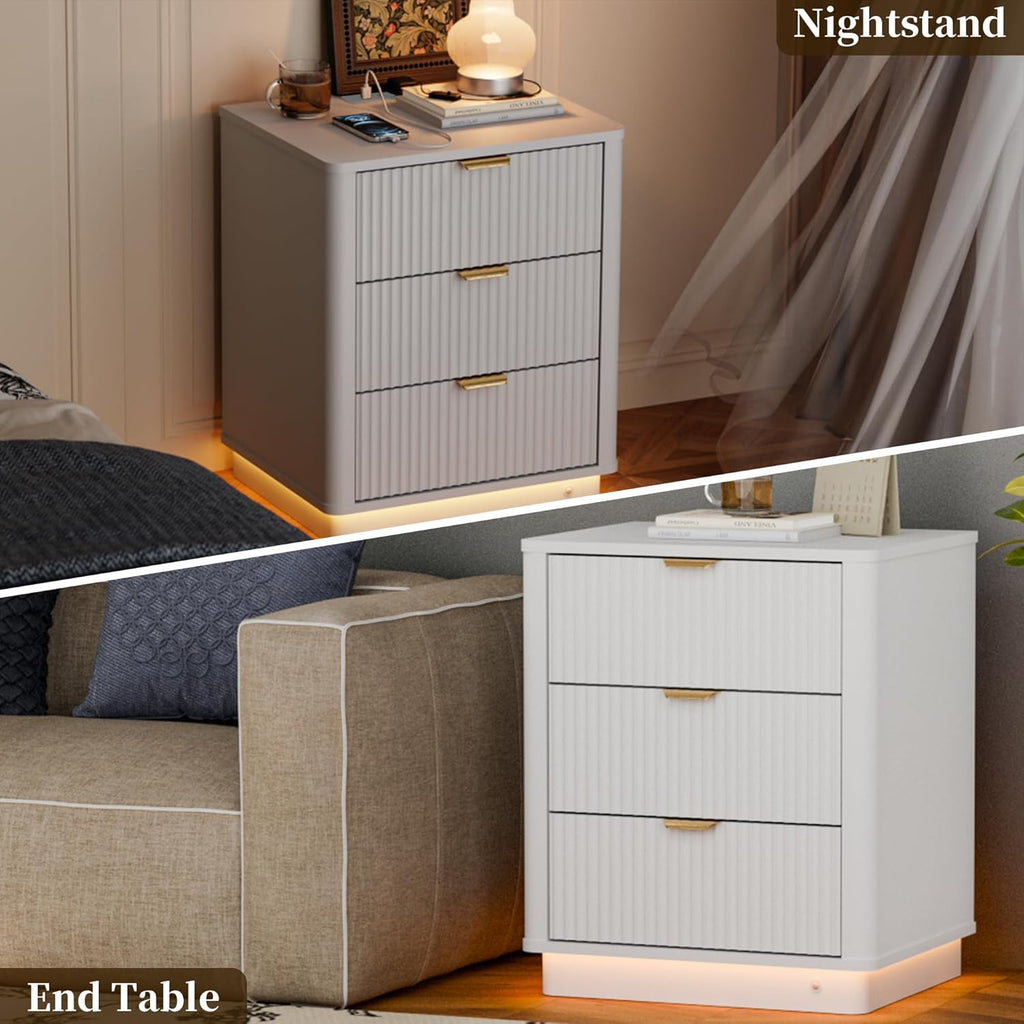 Led Fluted Nightstand, Smart Curved Night Stand with Charging Station Lighting, Wood End Table with 3 Drawers, Modern