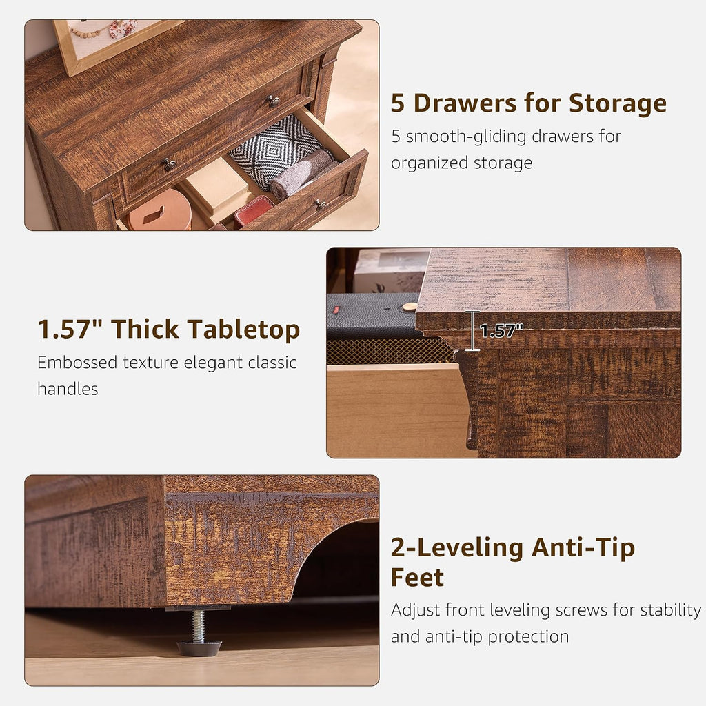 Farmhouse 5 Drawer Dresser , 47" Tall Wood Dresser with Ample Storage Space and Rustic Charm, Reclaimed Barnwood