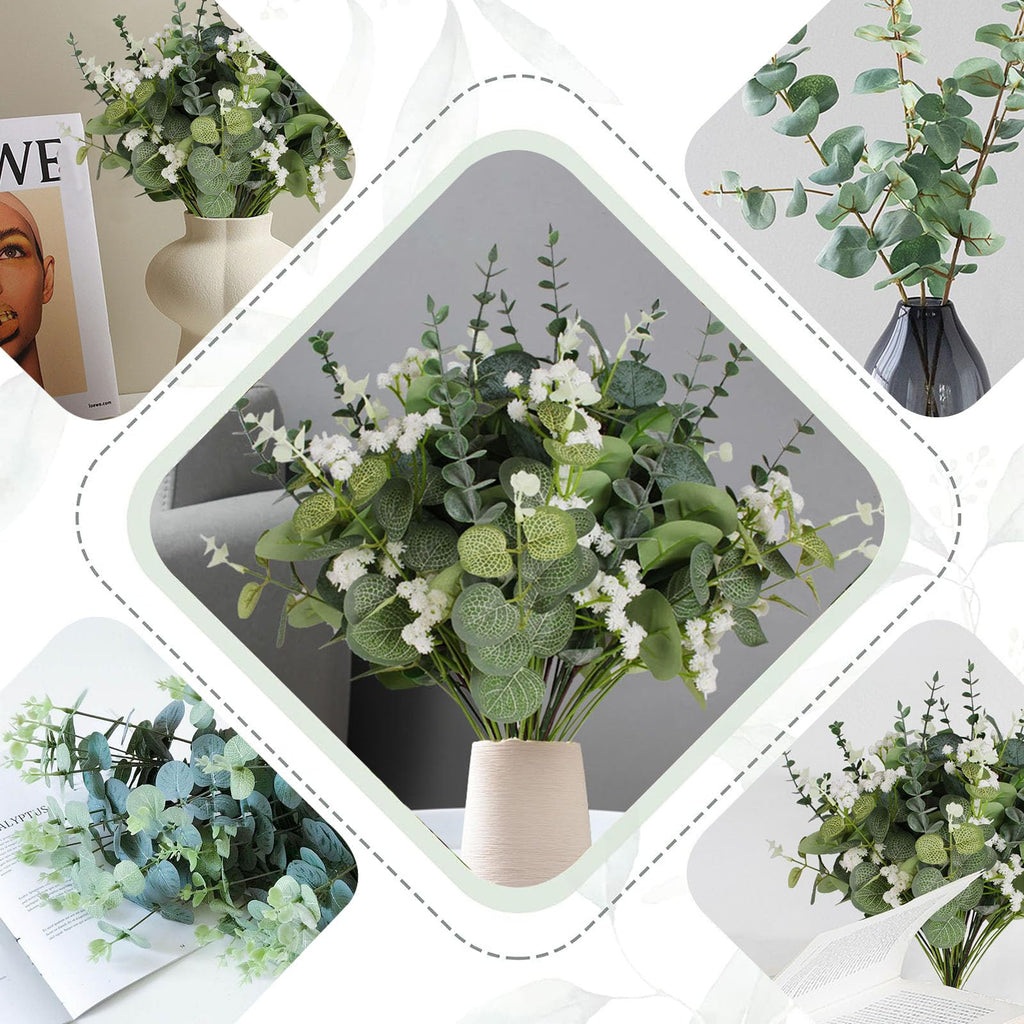 Artificial Eucalyptus Leaves Stems 120 Pcs 4 Kinds Mixed Fake Silver Dollar Eucalyptus Leaves Stem with Babysbreath