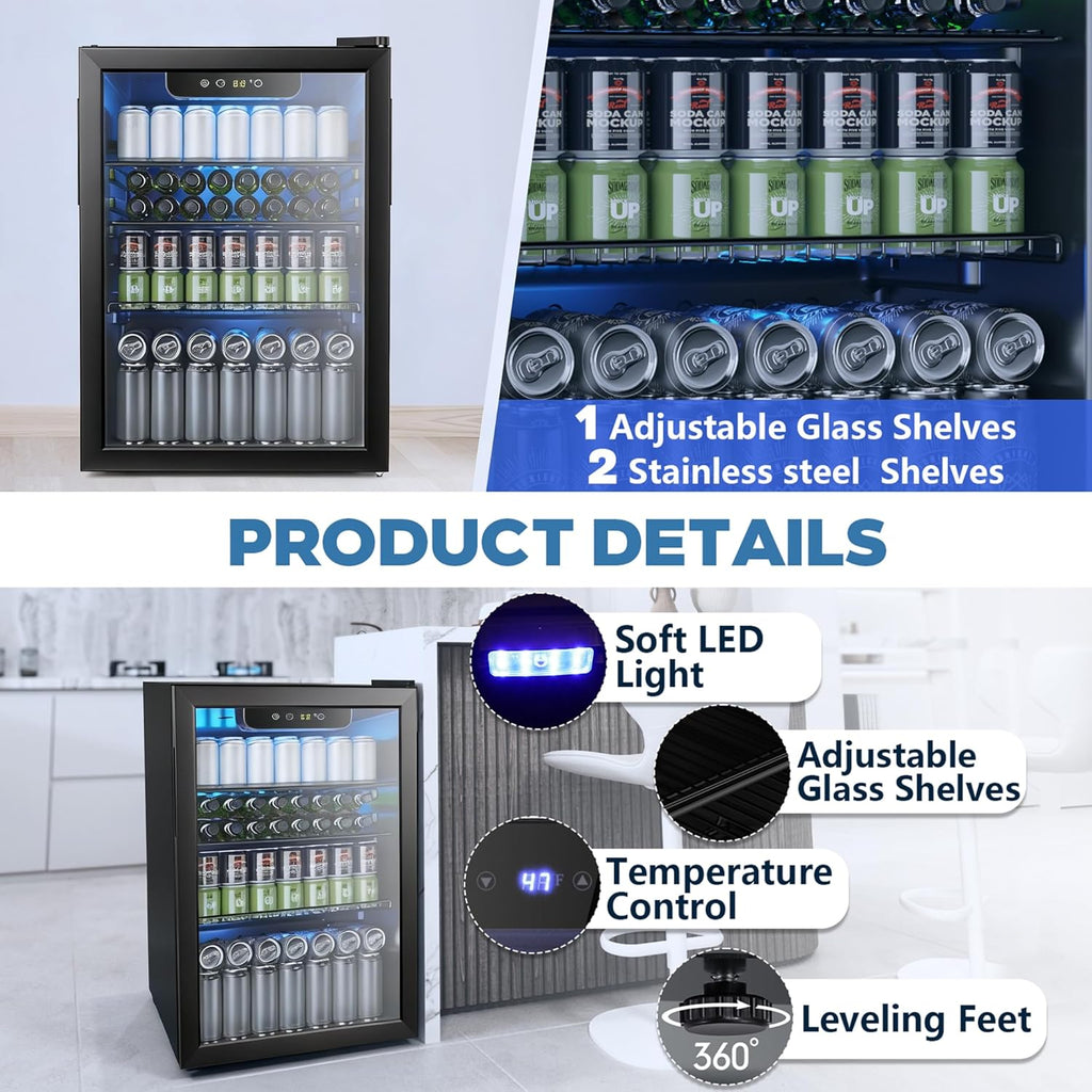 95 Cans Beverage Refrigerator, 26 Bottle Mini Fridge