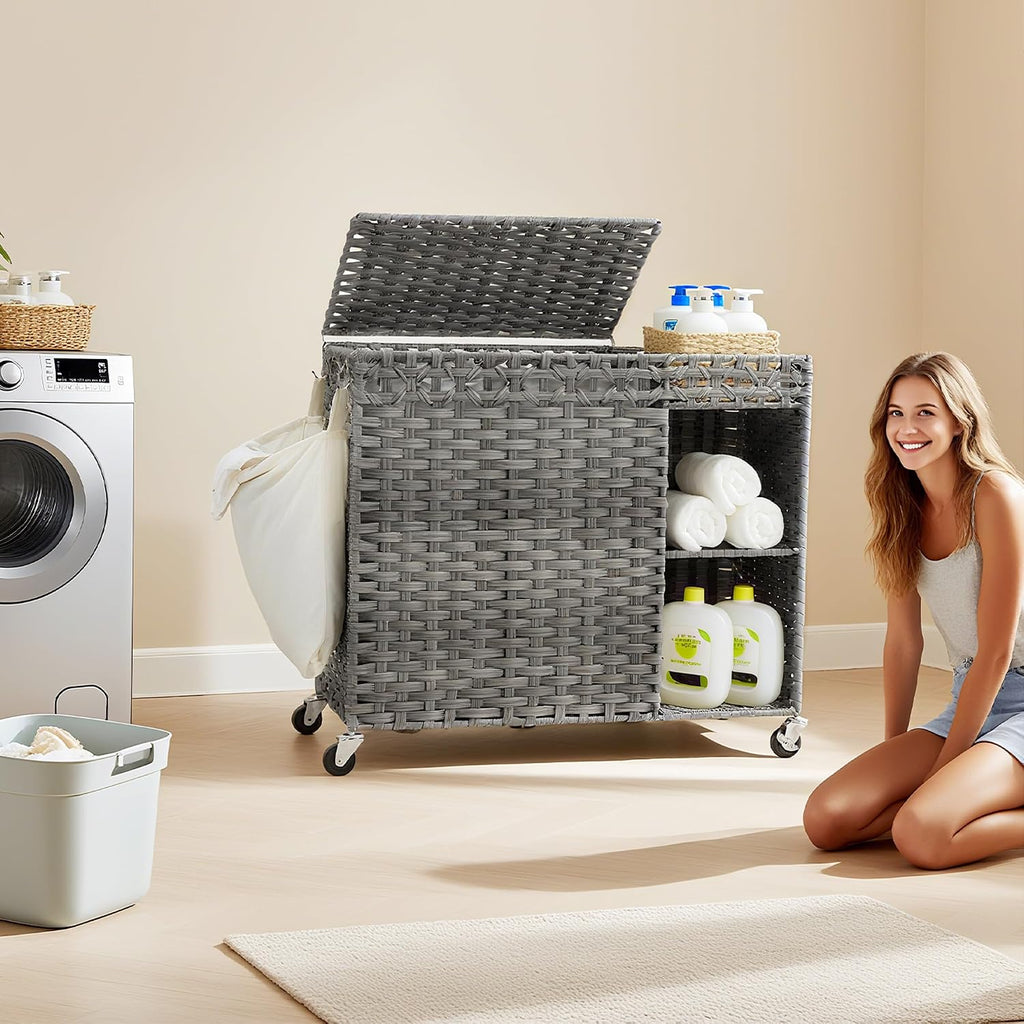 Laundry Hamper with Lid, 160L Rattan Wicker Laundry Basket with Wheels, Handwoven Laundry Hamper 2-Section with