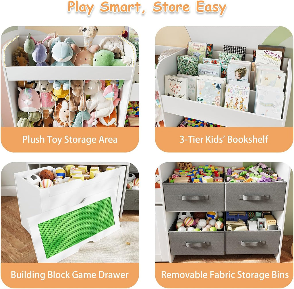 51.1" W Large Toy Storage Organizer with Stuffed Animal Storage, Kids Bookshelf with 4 Removable Toy Bins, Movable