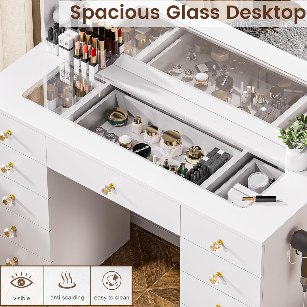 Vanity with Large Mirror and 10 LED Lights, Vanity Desk with Glasstop, 11 Drawers with Crystal Handles, Dressing