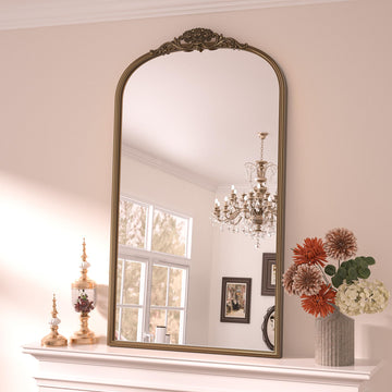 24x40 Gold Vintage Arched Mirror for Wall, Brass Baroque Mirror