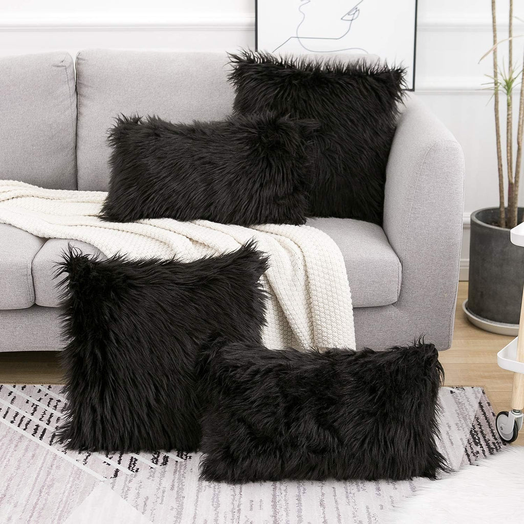 Black Faux Fur Throw Pillow Covers 18x18 Inch Set of 2, Luxury Fluffy Shaggy Plush Cushion Cases, Soft Fuzzy Pillow