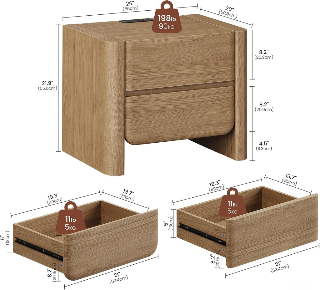 26" Nightstand with Charging Station, Large Bedside Table with 2 Handleless Storage Drawers,2.4" Thick Panel Legs &