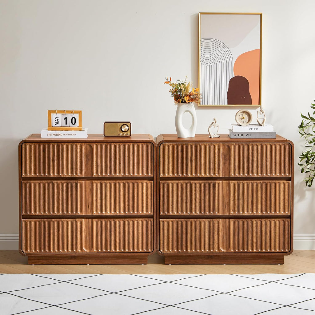 3 Drawer Dresser, 31.5" Wide, Walnut Brown | Mid Century Modern Wood, Chest of Drawers, Fluted Design, Living Room