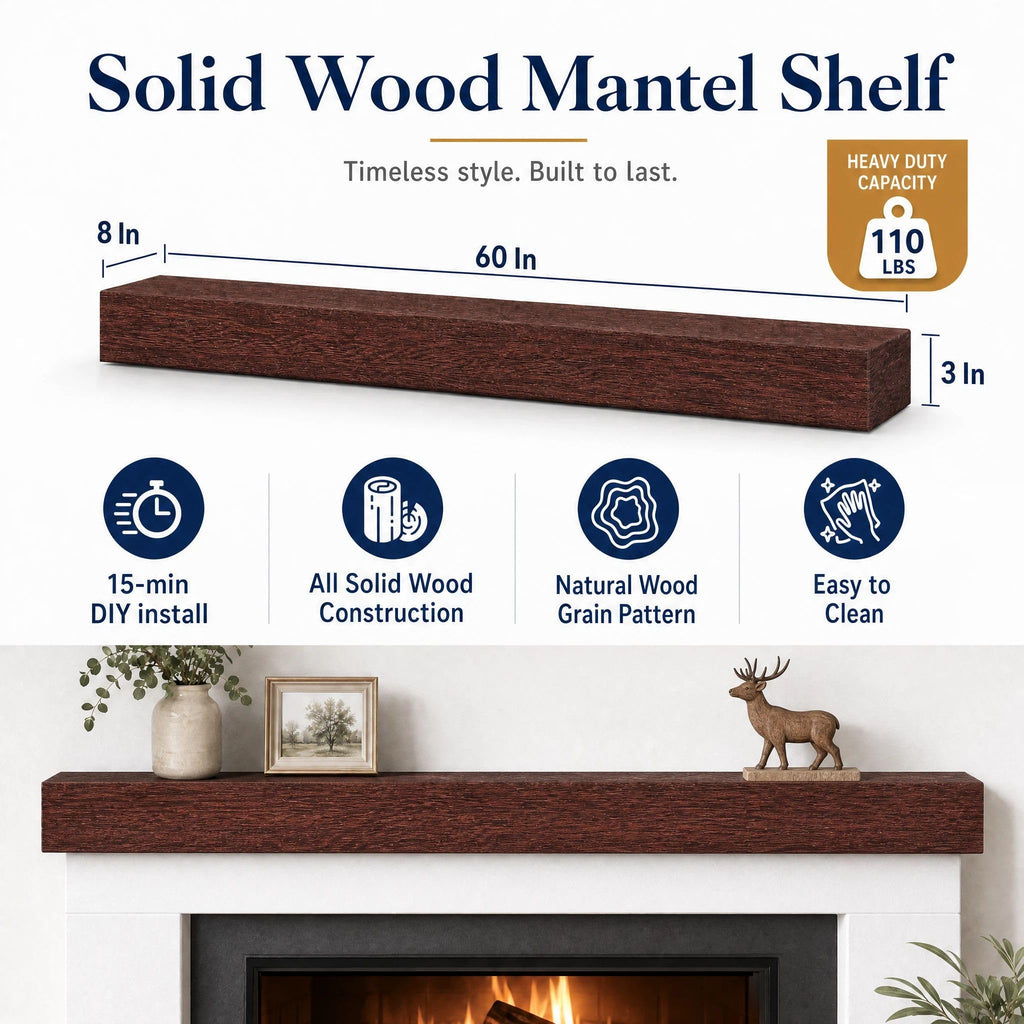 60 Inch Solid Wood Fireplace Mantel Shelf, Rustic Brown