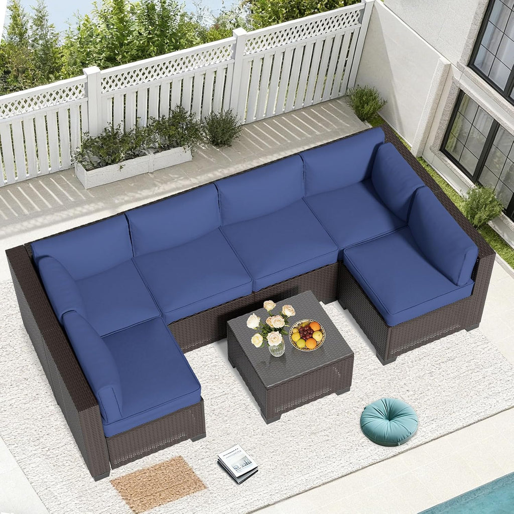 7-Piece Outdoor Sectional Patio Furniture Set, All-Weather Wicker Rattan Sofa w/Thick Washable Cushions & Tempered