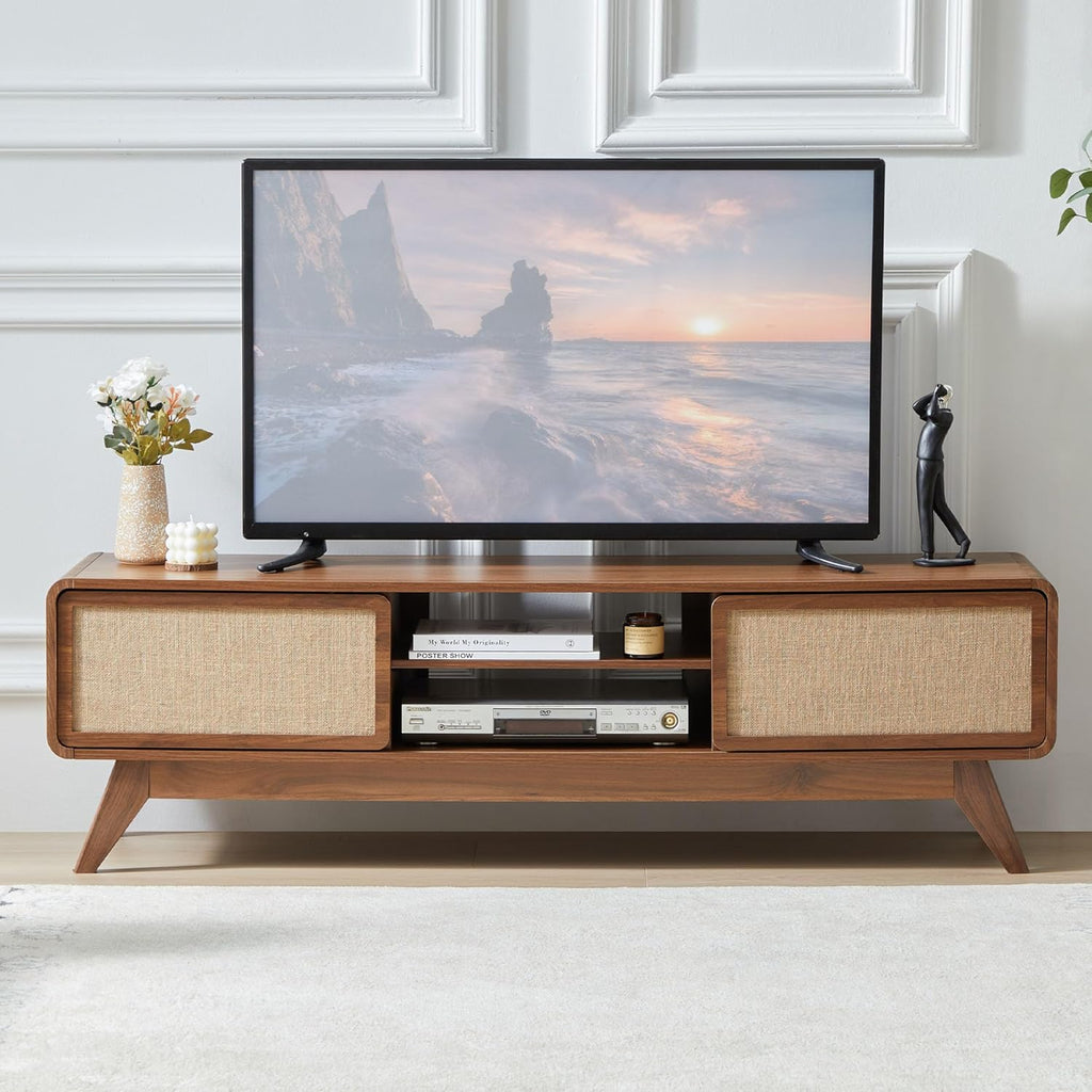Mid Century Modern TV Stand for TVs up to 65'', Farmhouse Entertainment Center with Storage, TV Cabinet Table with Nature Linen Doors, Media Console TV Consoles for Living Room Bedroom (Walnut)