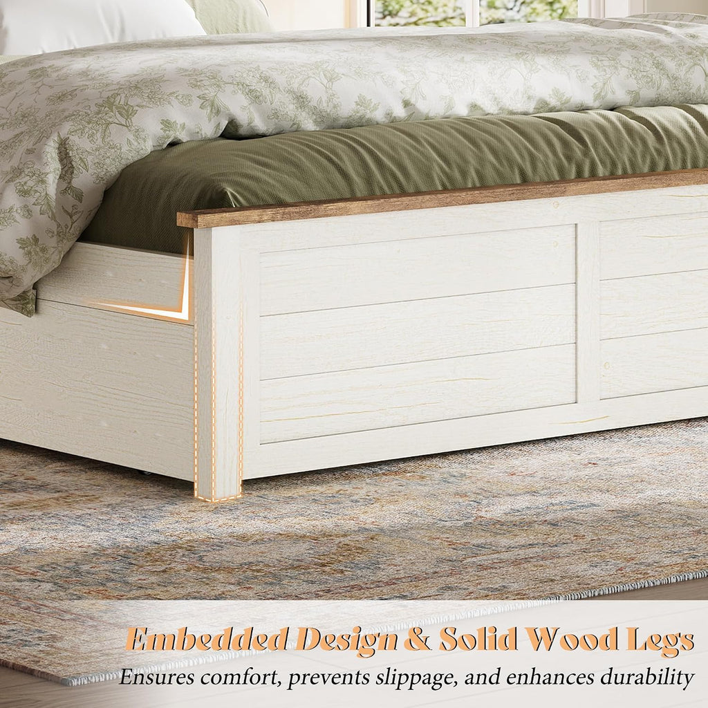 Queen Farmhouse Bed Frame with Headboard, Platform Bed with 4 Storage Drawers, Wood Bed Frame for Bedroom, Wood Slats