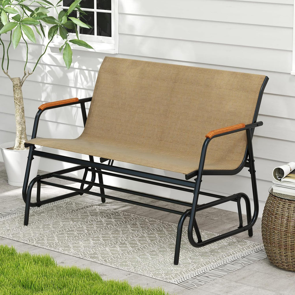 Patio Glider Bench, 2-Person Swing Gliding Loveseat with Curved Teak Armrests, Fabric Seat, Metal Frame, Load 660lbs