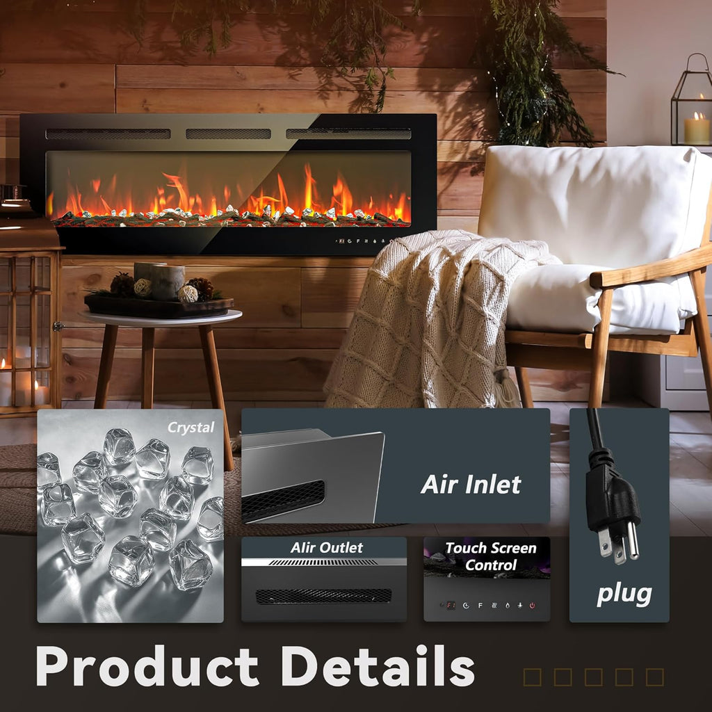 50 Inch Electric Fireplace Wall Recessed and Wall Mounted with Adjustable Flame Color