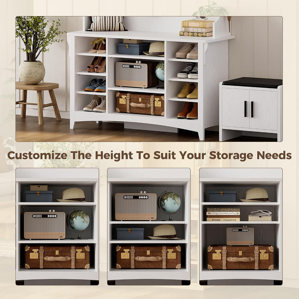 80" H 47" W Large Hall Tree with Bench and Shoe Storage, 6-in-1 Entryway Bench with Coat Rack, Adjustable Shelf