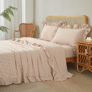 Tan Gingham Ruffle Sheets Set Boho Taupe Plaid Bed Sheets