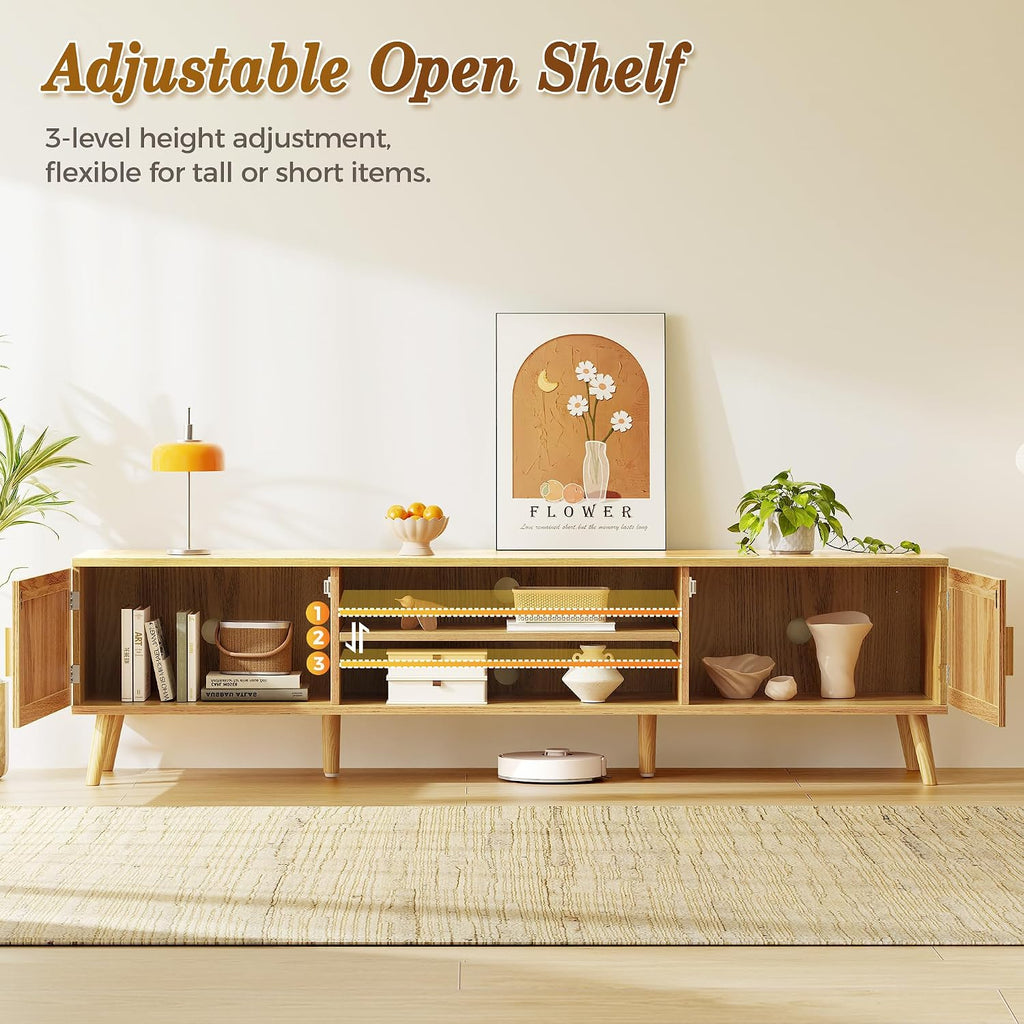 70.9 Inch Boho TV Stand for 75 Inch TV, Entertainment Center with Adjustable Shelf, Rattan TV Console with 2
