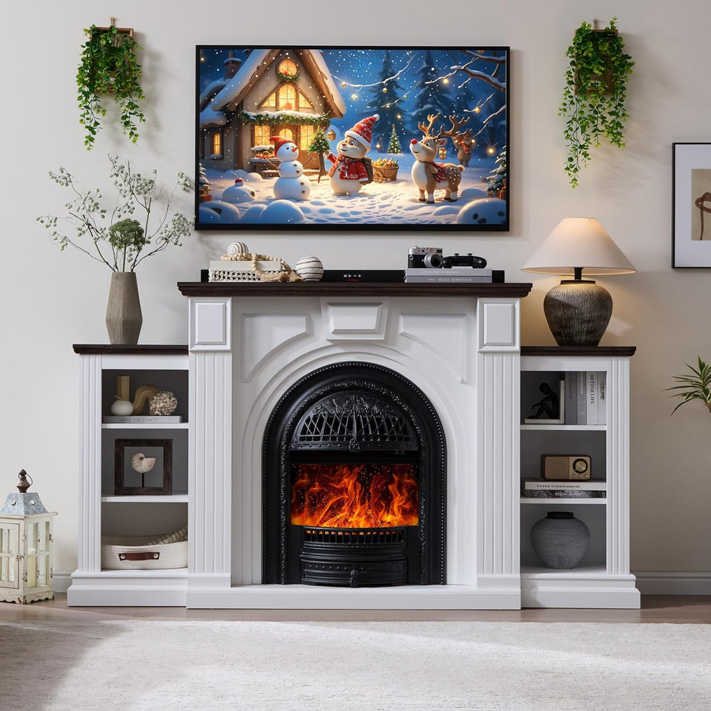 76 Inch Electric Fireplace TV Stand with Mantel, Birdcage-Style Entertainment Center for TVs up to 90 Inches, 30 Inch Insert Heater with 3D Flame, 750W/1400W