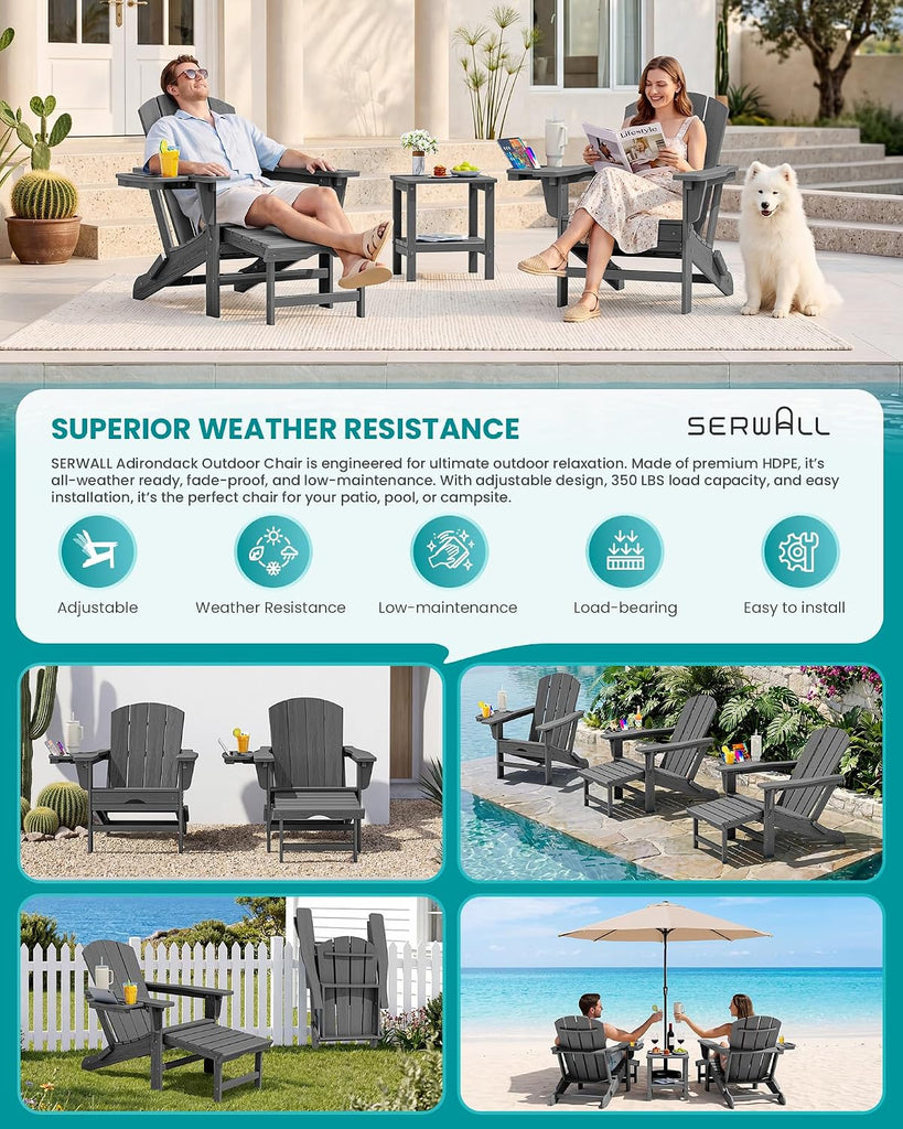 Folding Adjustable Adirondack Chair with Footrest, HDPE Outdoor Chair with 4-in-1 Cup Holders, All Weather Adirondack