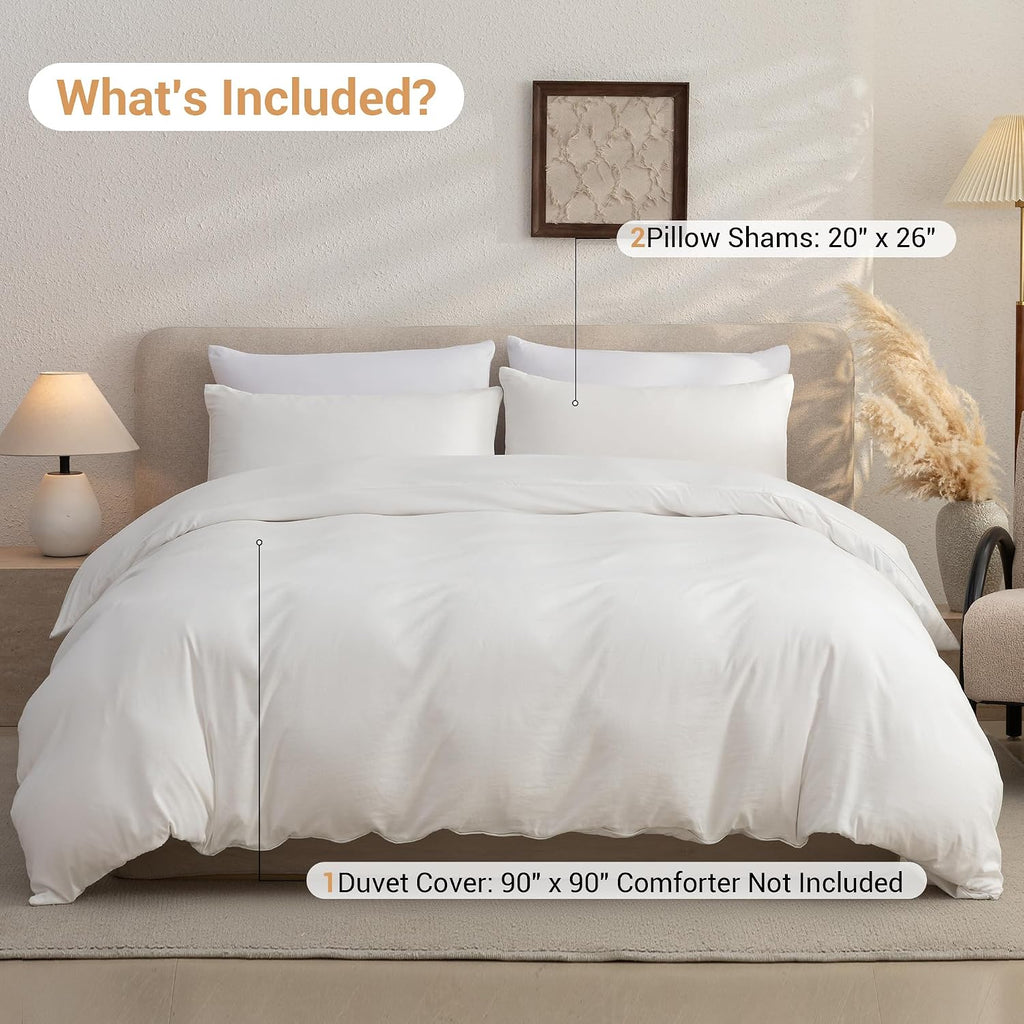 White Duvet Cover Set - 3 Piece Soft Prewashed Microfiber Bedding, Breathable Comforter Cover with Zipper & 8