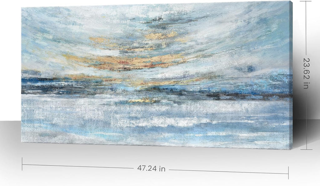 Abstract Wall Art Large Framed Light Blue Canvas Print Coastal Theme Artwork Modern Ocean Skyline and Sunset &