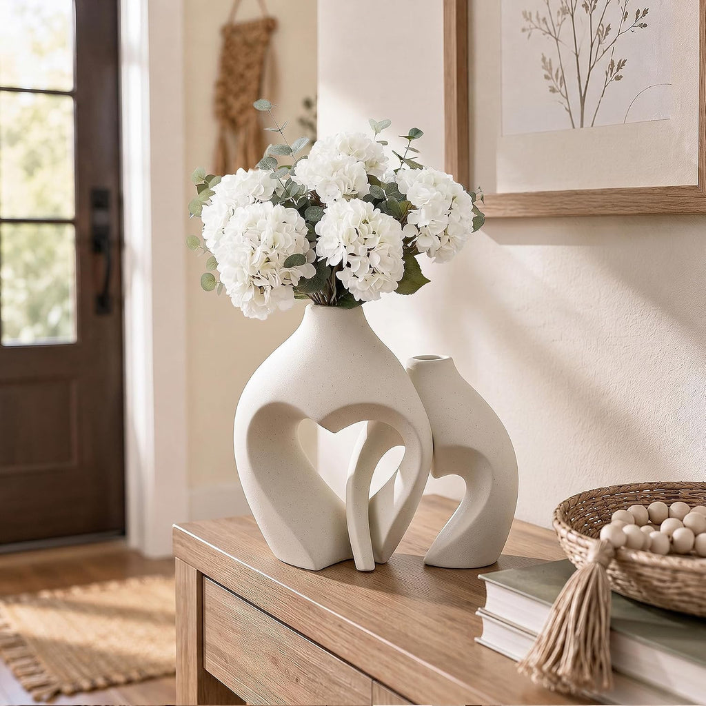 White Ceramic Flower Vase Home Table Decor Heart Shaped Vase Set of 2 | Boho Heart Shaped Minimalist Decorative Vases