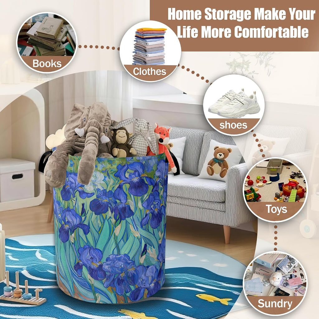 Vintage Irises Laundry Basket,Laundry Hamper Waterproof Oxford Cloth Tote Bag,Clothes Storage Bucket Decorative Toy