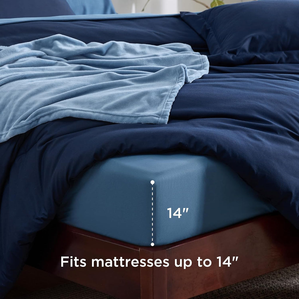 Full Comforter Set Navy Blue, 8 Pieces Prewashed Full Bed in a Bag with Soft Fleece Bed Blanket