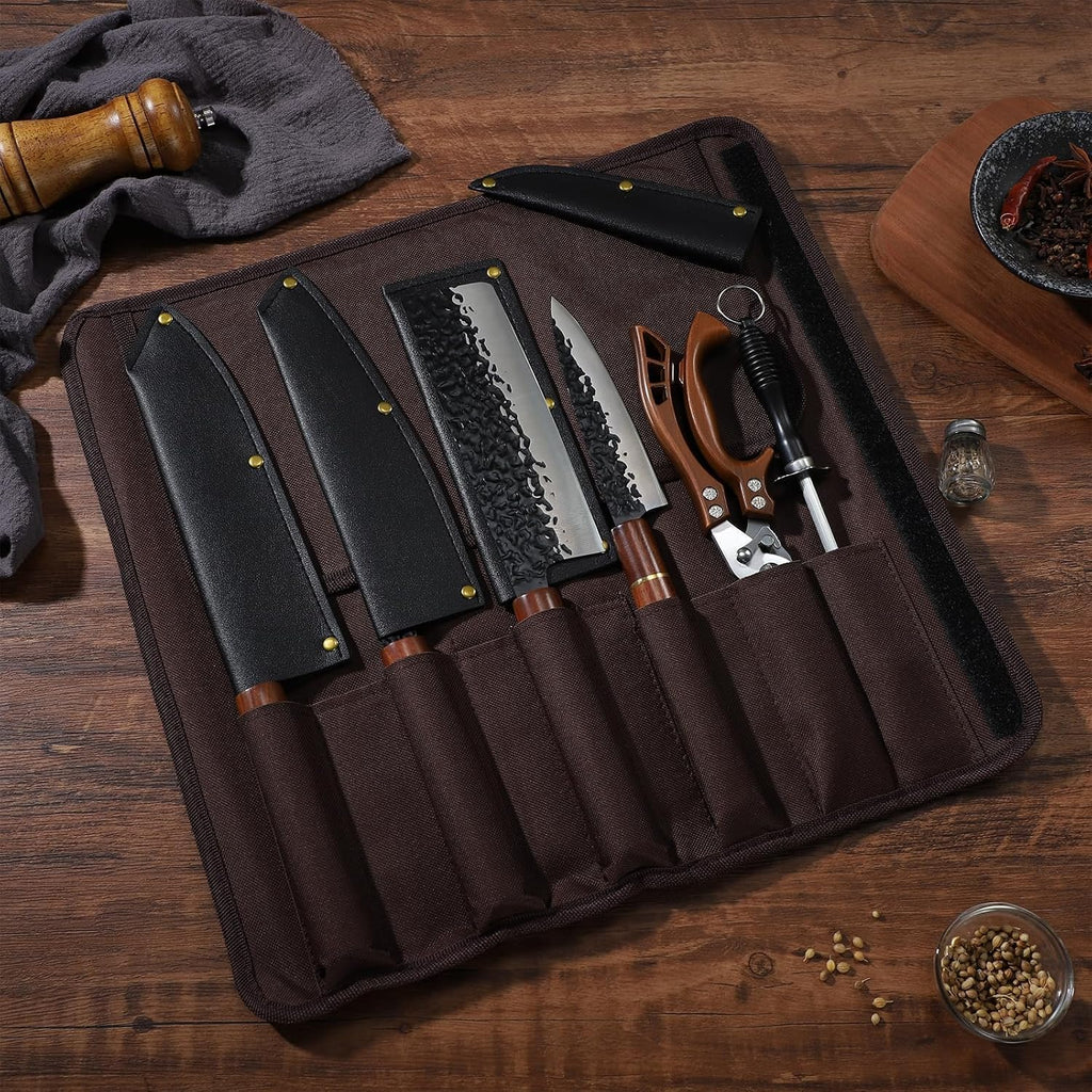 Japanese Knife Set 6pcs with Covers - Professional Chef Knife Set | Bag & Sharpener, High Carbon Steel Forged Knives