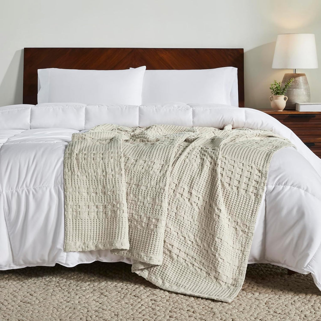 100% Cotton Waffle Weave Natural Throw 50x60, Decorative Cotton Throw Blanket, Boho Farmhouse Bedroom, Living Room