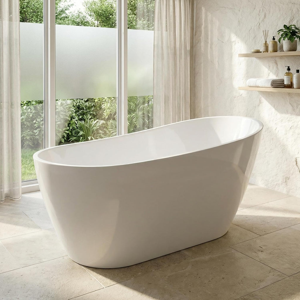 59" Freestanding Bathtub, Black Exterior White Interior Acrylic Stand Alone Soaking Tub, Modern Oval Bath with