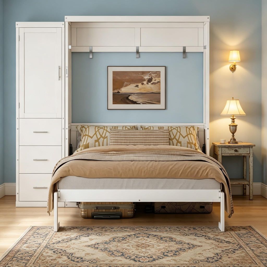 Queen Murphy Bed with Storage Cabinet, Foldable Space-Saving Wood Wall Bed Frame with Wardrobe and 3 Drawers, Hidden