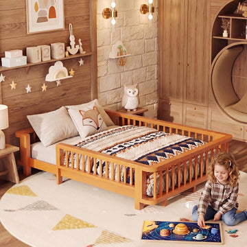 Full Bed Frames for Kids, Solid Wood Montessori Toddler Floor Bed Frame | Smooth Curved Corners & Full Length Safety