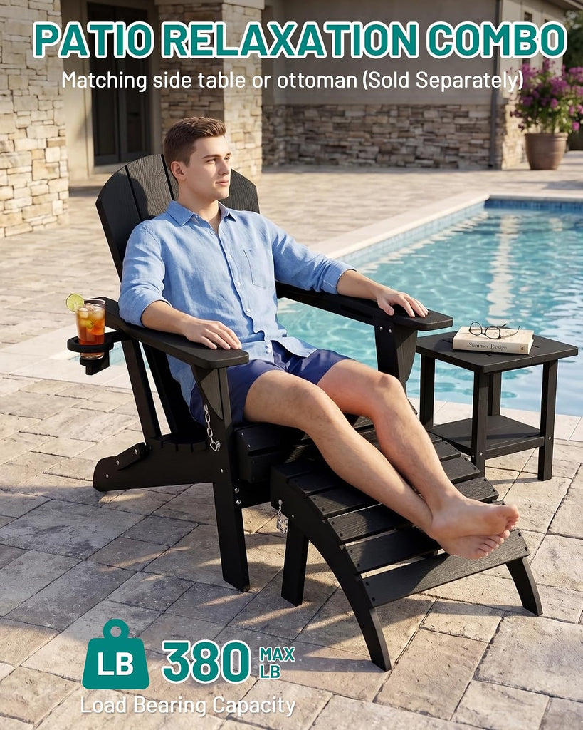 Adirondack Chair Set of 2, Fire Pit Chairs with Cup Holder, Black | Wood-Grain Fade-Proof, Ergonomic, Foldable