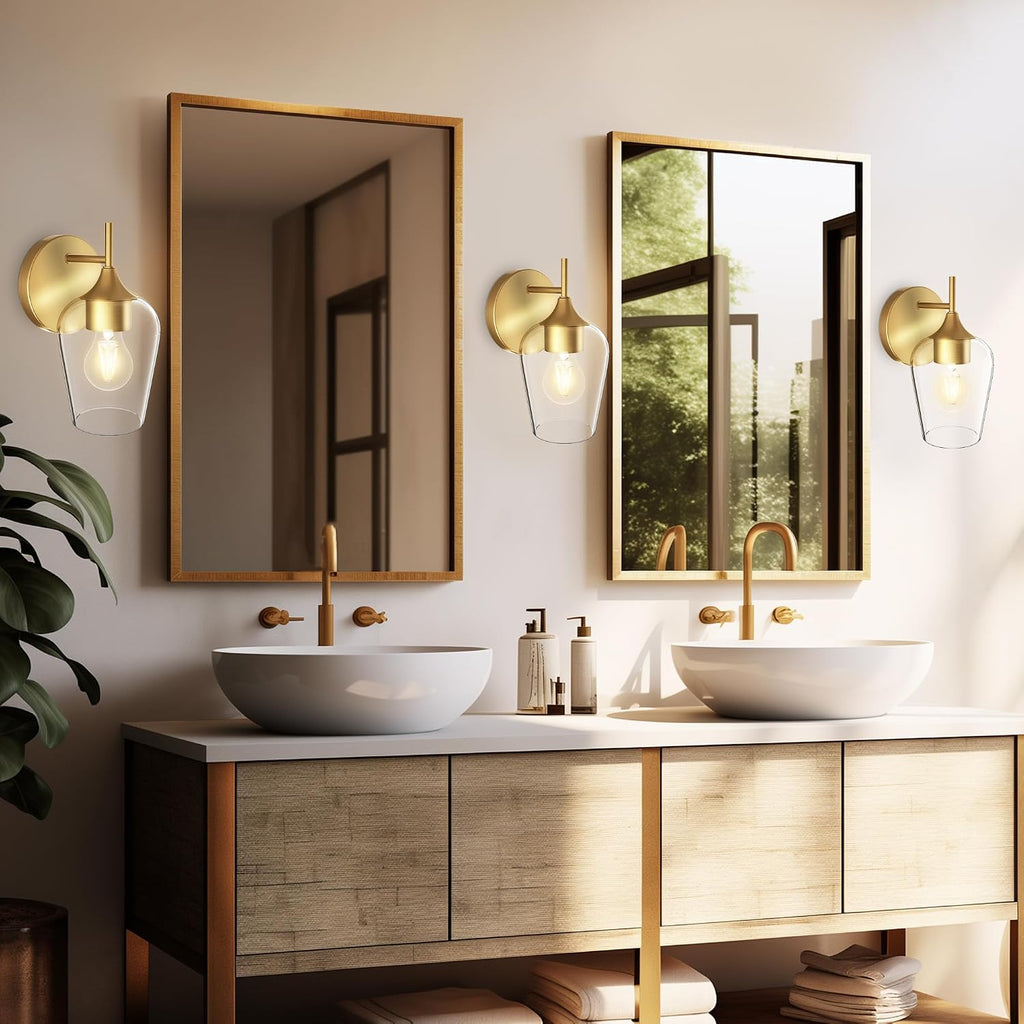 Gold Sconces Wall Lighting Set of 2, Bathroom Wall Lighting Fixtures Brass, Modern and Vintage Wall Lights with Clear
