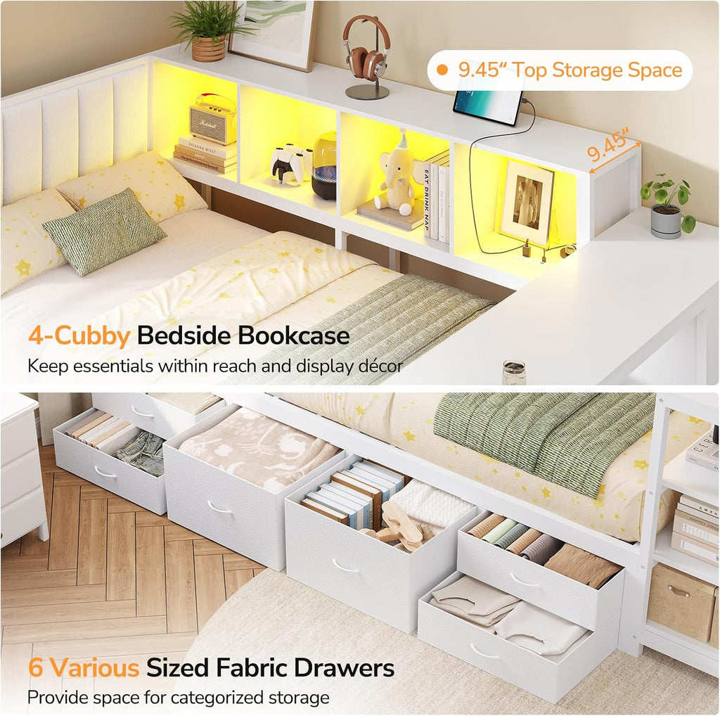 Corner Twin Bed Frame with Desk, 9 Storage Drawers and Bookcase, Twin Size Platform Bed Frame with Charging Station