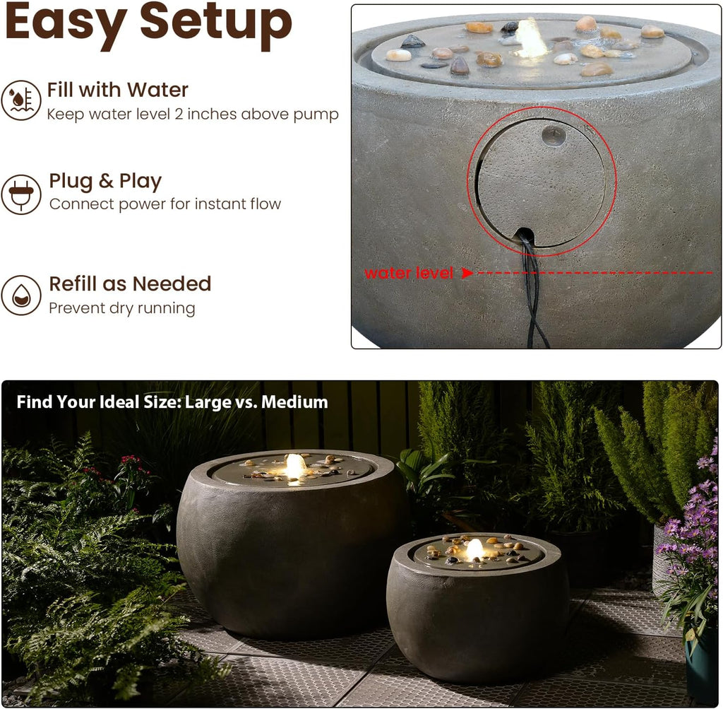 Garden Water Fountain Outdoor Large Round Bubbler Water Feature Indoor with Lights & Pump and Pebbles Concrete Effect