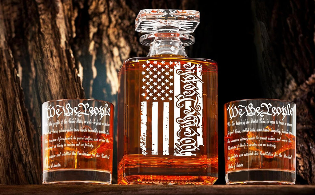 Whiskey Decanter Engraved We The People American Flag Decanter Set with 2 Glasses for Liquor Scotch Bourbon or Wine