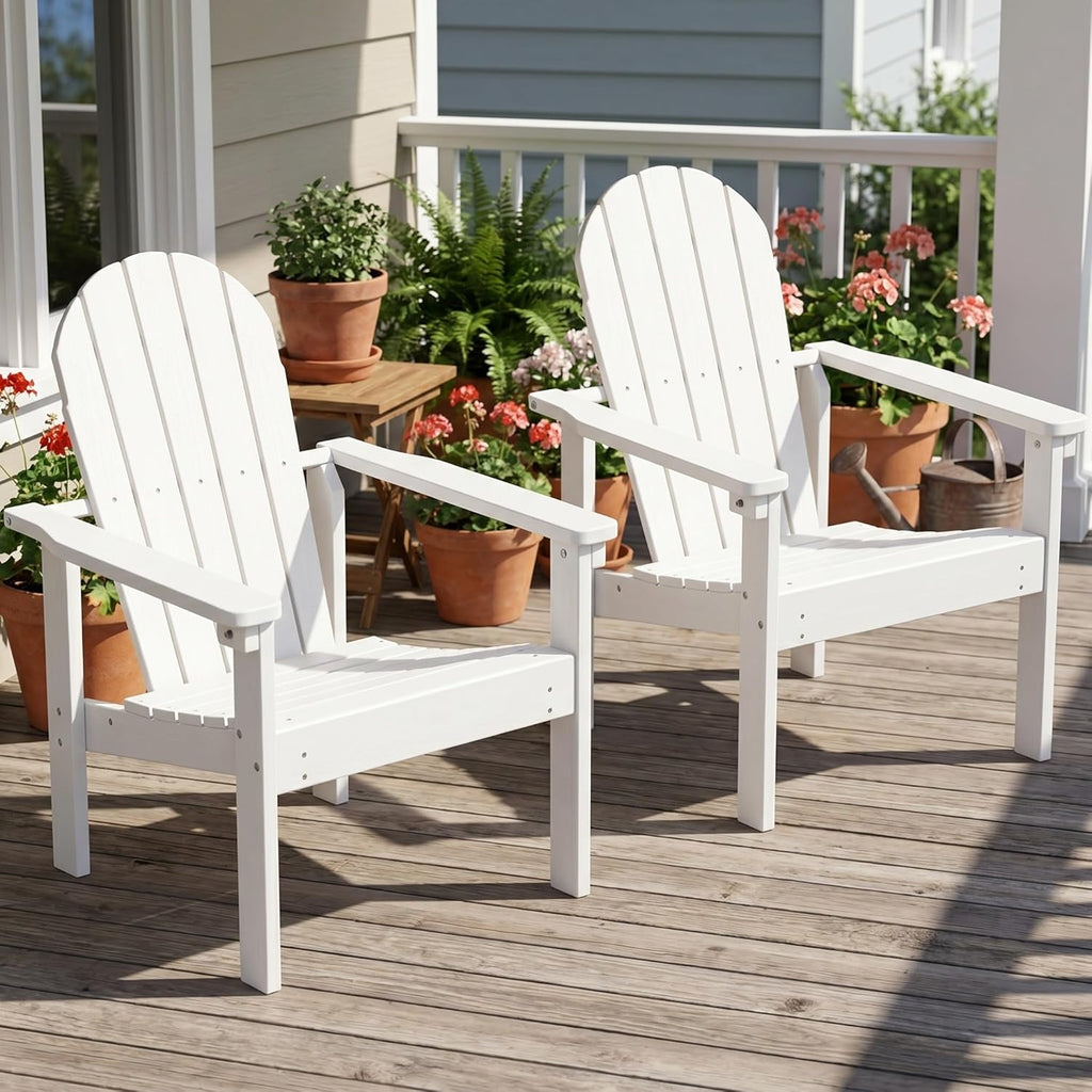 HDPE Stackable Adirondack Chairs Set of 2,Space-Saving, White | Weather-resistant Adirondack chair resists fading and