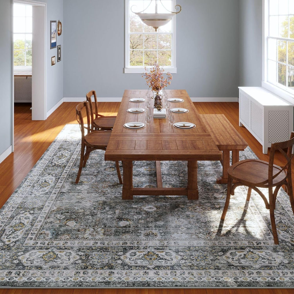 Large Living Room Rug 9x12 Washable Non Slip Vintage, Grey