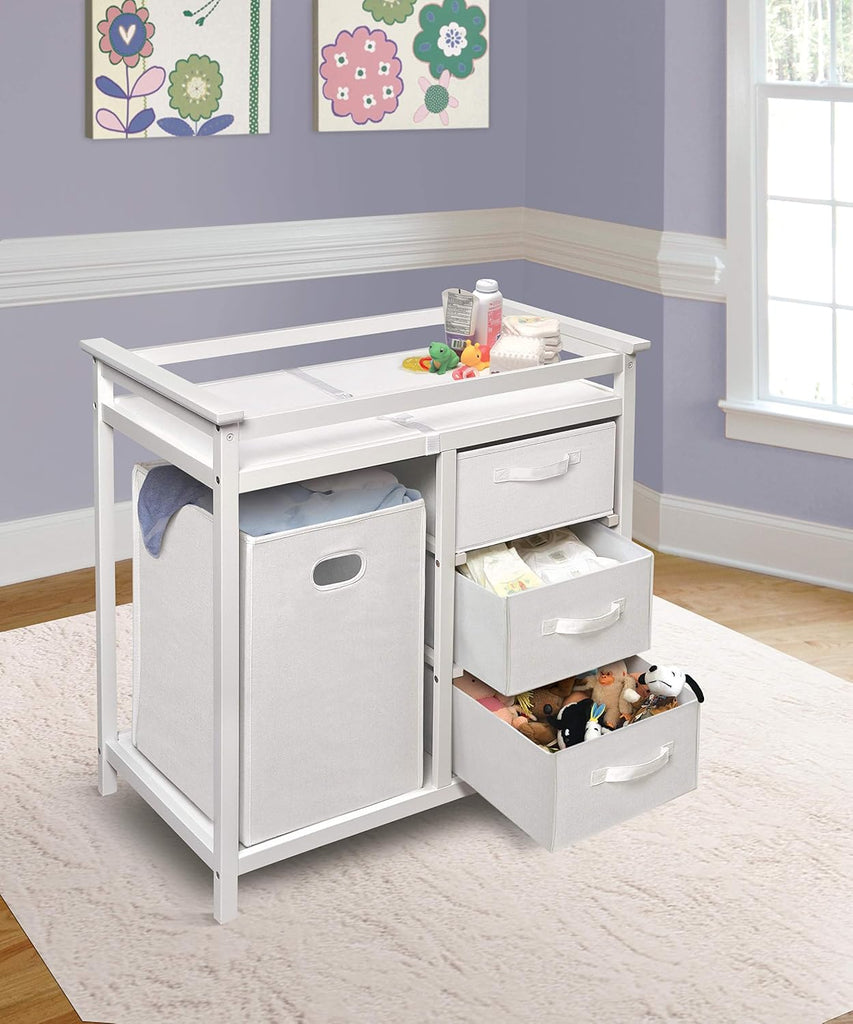 Modern Baby Changing Table - Nursery Furniture with Laundry Hamper and 3 Storage Drawers - Diaper Changing Station