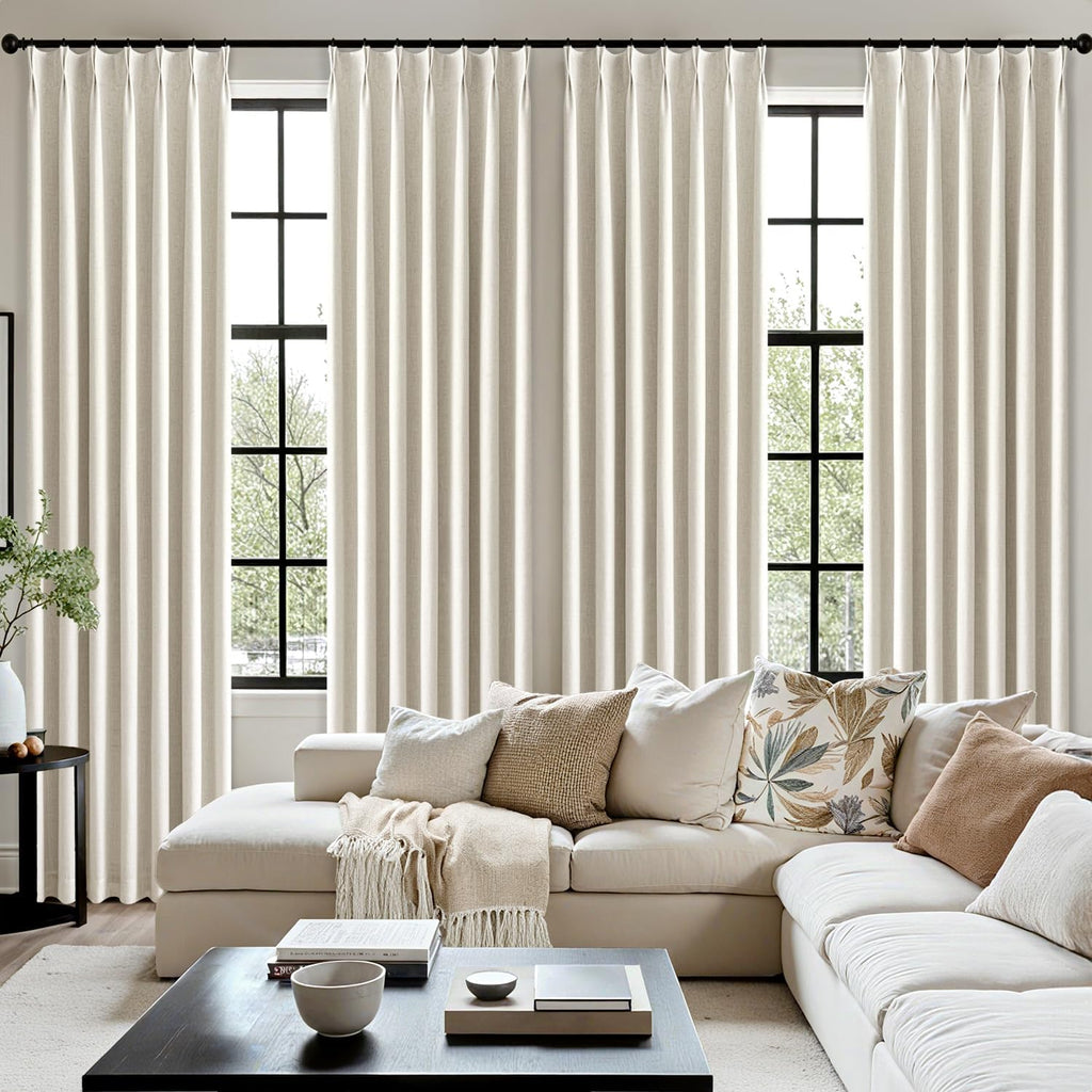 Natural Pinch Pleated 100% Blackout Linen Curtains, Room Darkening Light Blocking Window Curtains