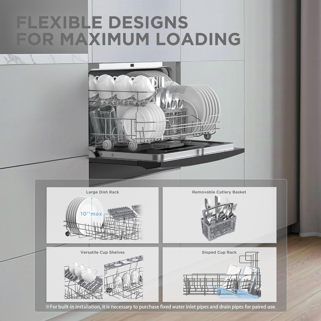 Countertop Dishwasher, Portable Dishwasher, 6 Place Settings & 8 Washing Programs, Speed, Baby-Care, ECO& Glass