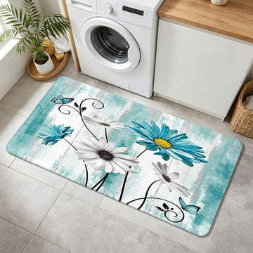Rustic Farmhouse Bath Mat, Teal White Daisy Butterfly Rustic Vintage Wooden Plank Bathroom Rug, Non Slip Absorbent